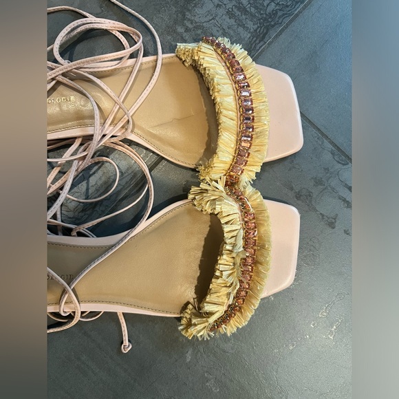 Anthropologie Jewel Embellished Tie Up Pink/Rose Raffia Square Toe Sandals Sz 40 - Picture 6 of 11